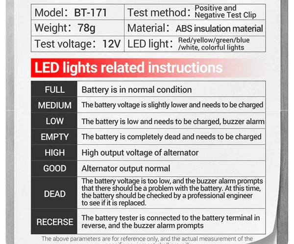 Multi-function car 12V battery tester